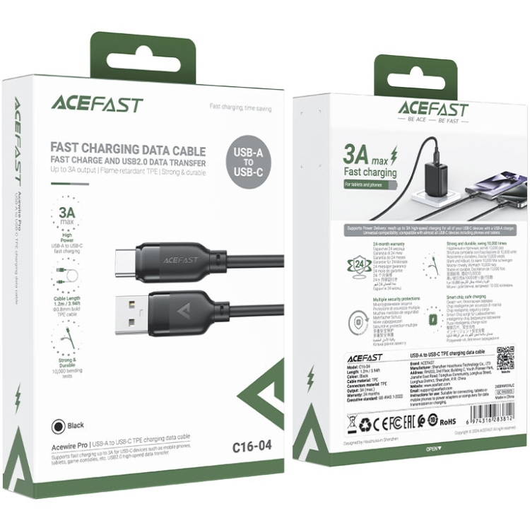Кабель USB 2.0 AM-Type-C M, 1,2 м, 60W TPE C16-04 Acefast (6974316283812) Чорний на малюнкі №4