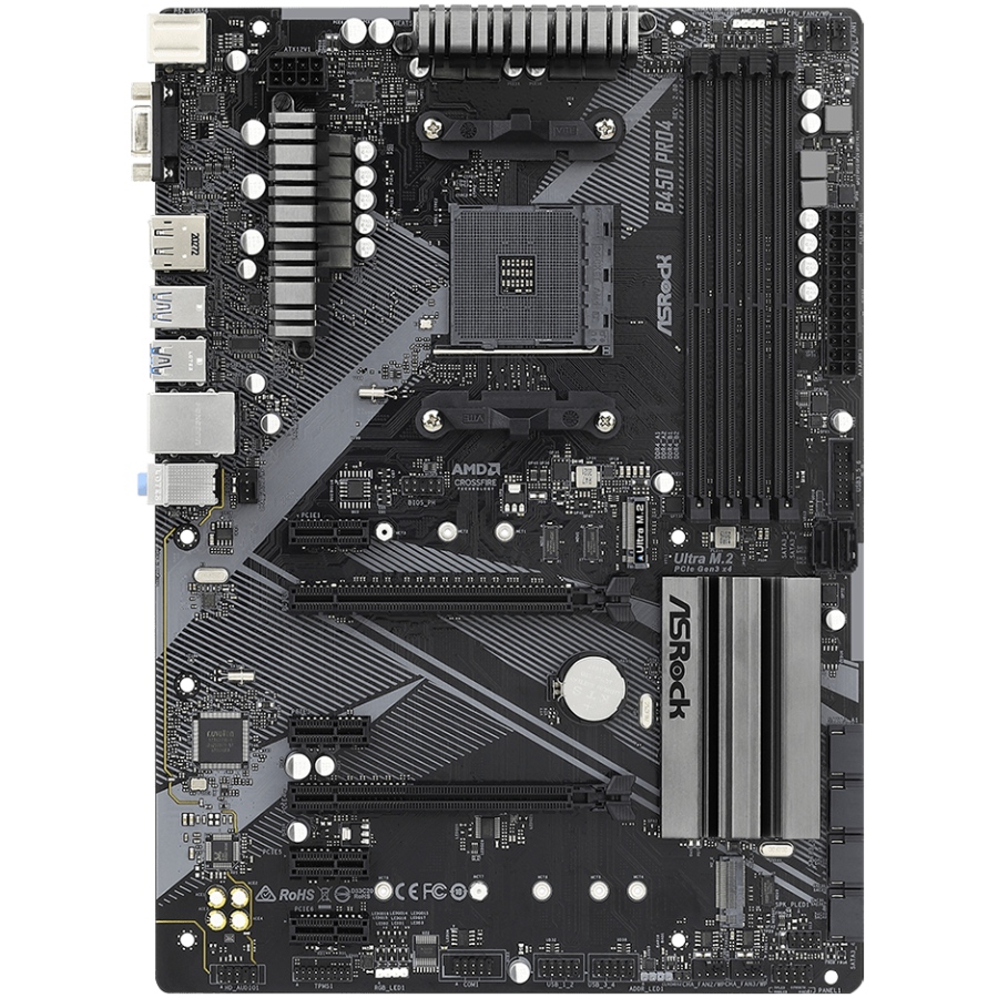 ASRock (AM4/B450, 4*DDR4, PCIex16, DP, HDMI, VGA, 6xSATA, M.2,GLan, 8ch, ATX) (B450 PRO4 R2.0) на малюнкі №1