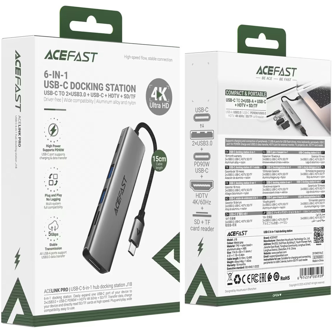 Док-станція USB3.0 Type-C -- HDMI4K@60Hz/2xUSB-A 3.0/TF/SD/USB-C 90W Hub 6-in-1 J18 Acefast (6974316285939) на малюнкі №4