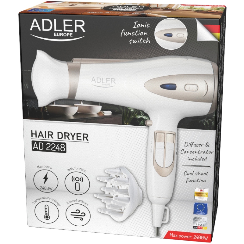 Фен Adler AD 2248 white champagne 2200Вт/ 2 швидкості/ хол.обдув/ темп.режимів-3/ іонізація/ дифузор (AD2248W) Білий на малюнкі №6