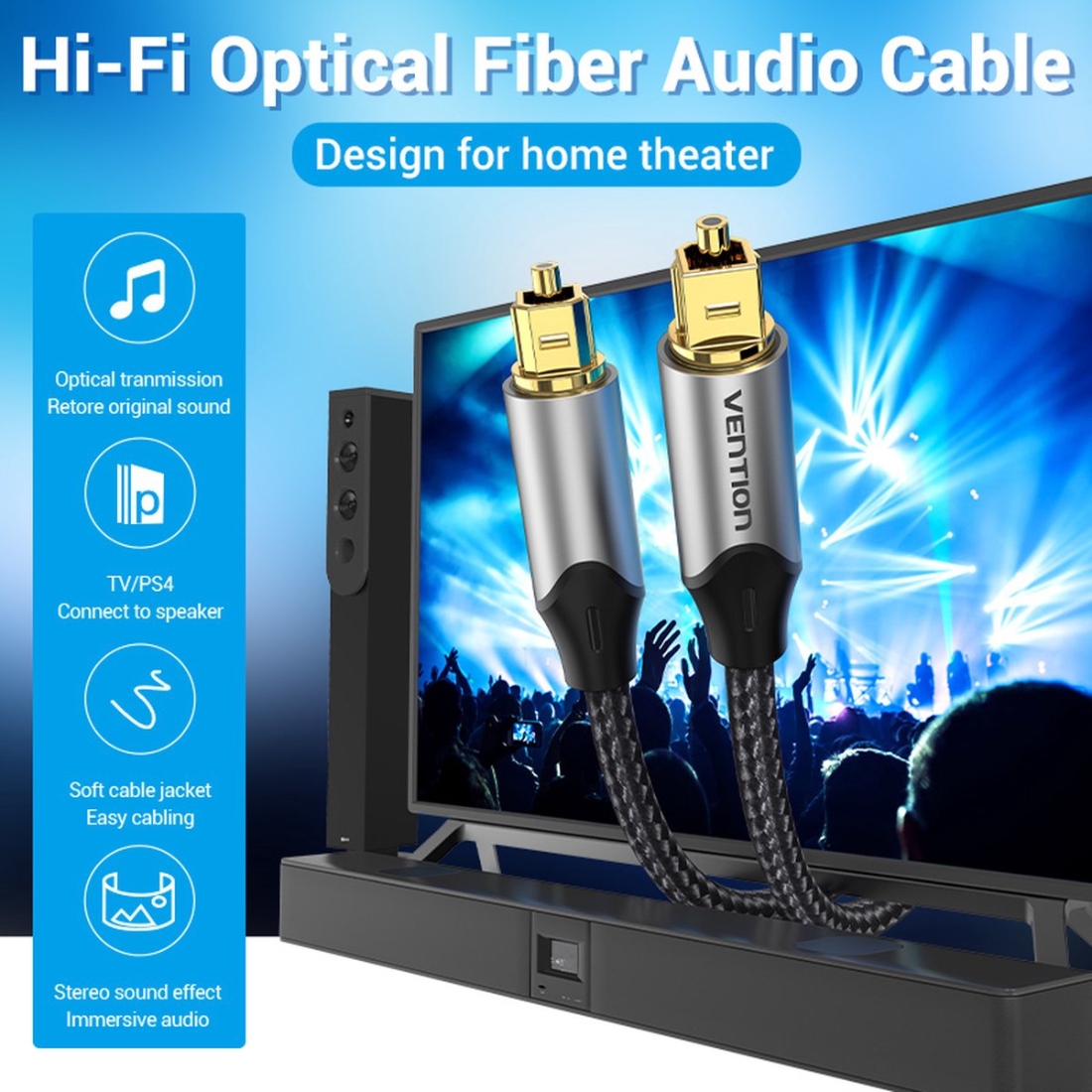 Кабель Audio оптичний Toslink M/M - S/PDIF, 1м, Dolby Digital 5.1, обплетення, Vention (BAVHF) Сірий на малюнкі №3