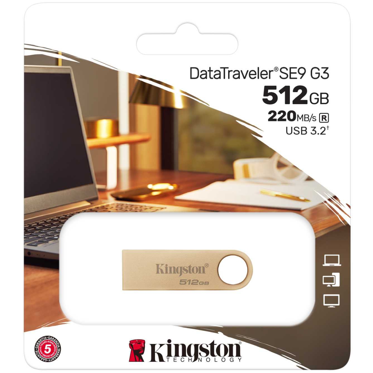 USB Flash Kingston 512B USB 3.2 G3 SE9, Metal/Gold, Retail (DTSE9G3/512GB#) золотистий на малюнкі №3