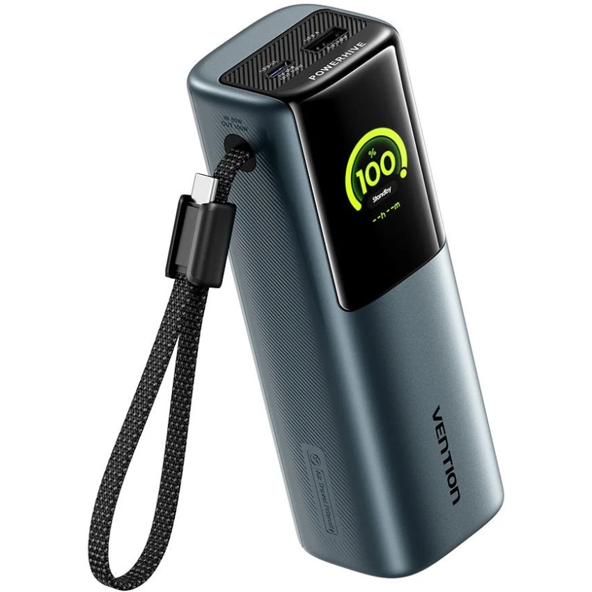 УМБ Vention 20000mAh 165W PD3.1, USB-A, USB-C In/Out, with Built-in USB-C cable, TFT Display, Gray (FKFH0) на малюнкі №1