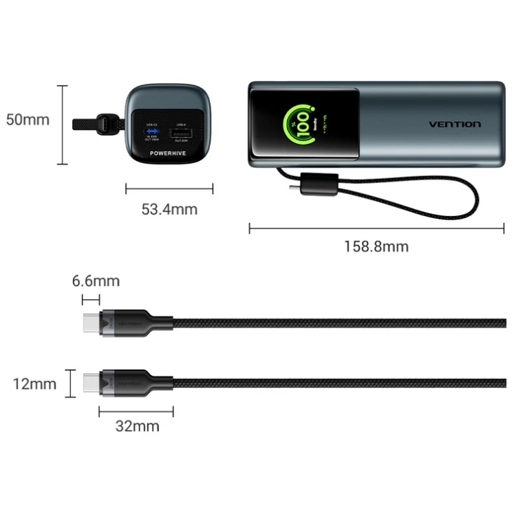 УМБ Vention 20000mAh 165W PD3.1, USB-A, USB-C In/Out, with Built-in USB-C cable, TFT Display, Gray (FKFH0) на малюнкі №3