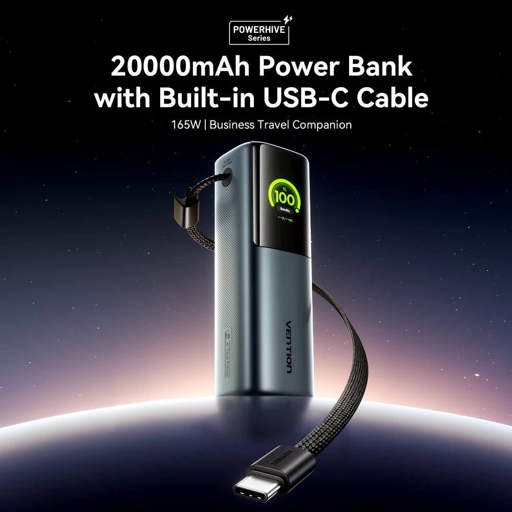 УМБ Vention 20000mAh 165W PD3.1, USB-A, USB-C In/Out, with Built-in USB-C cable, TFT Display, Gray (FKFH0) на малюнкі №5