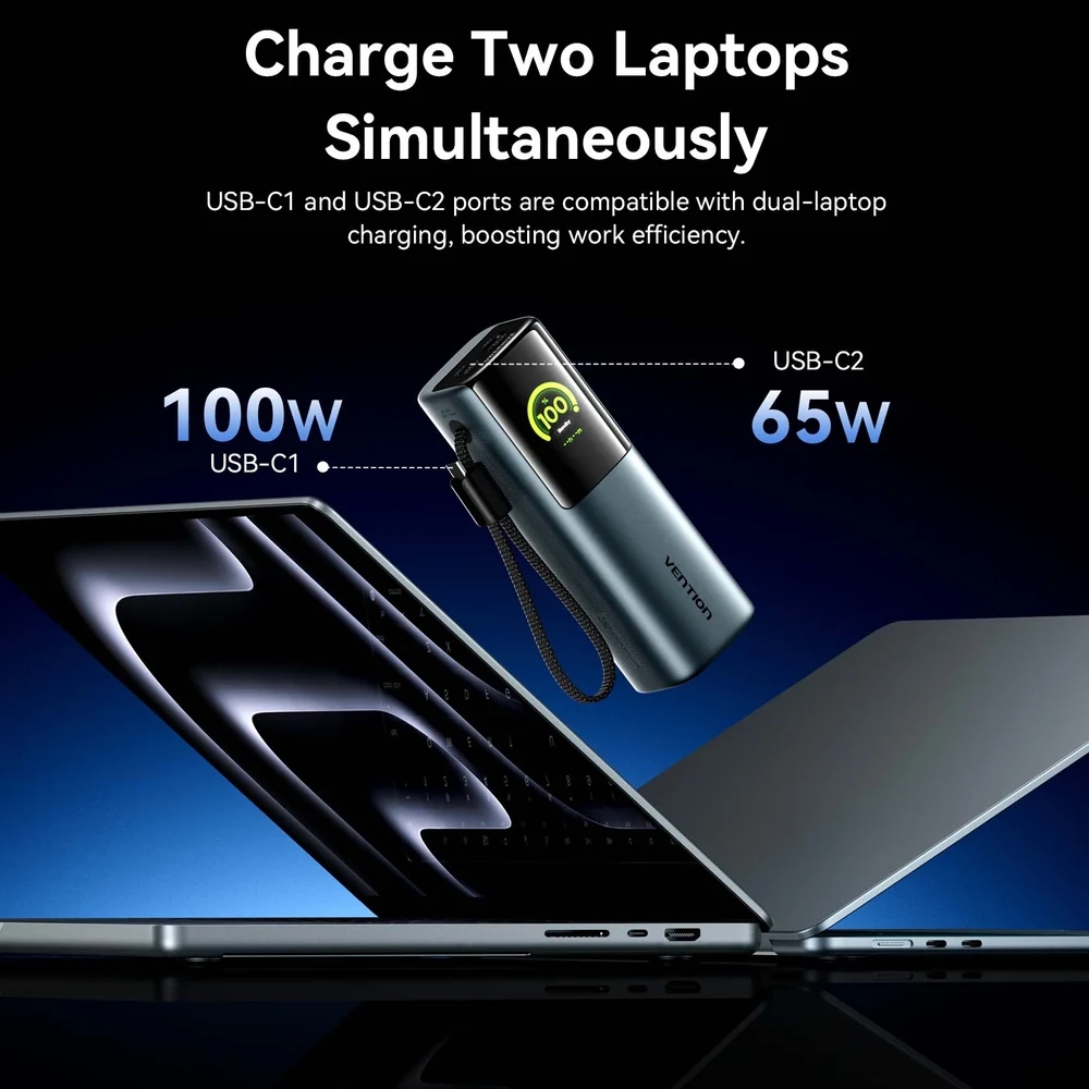 УМБ Vention 20000mAh 165W PD3.1, USB-A, USB-C In/Out, with Built-in USB-C cable, TFT Display, Gray (FKFH0) на малюнкі №9