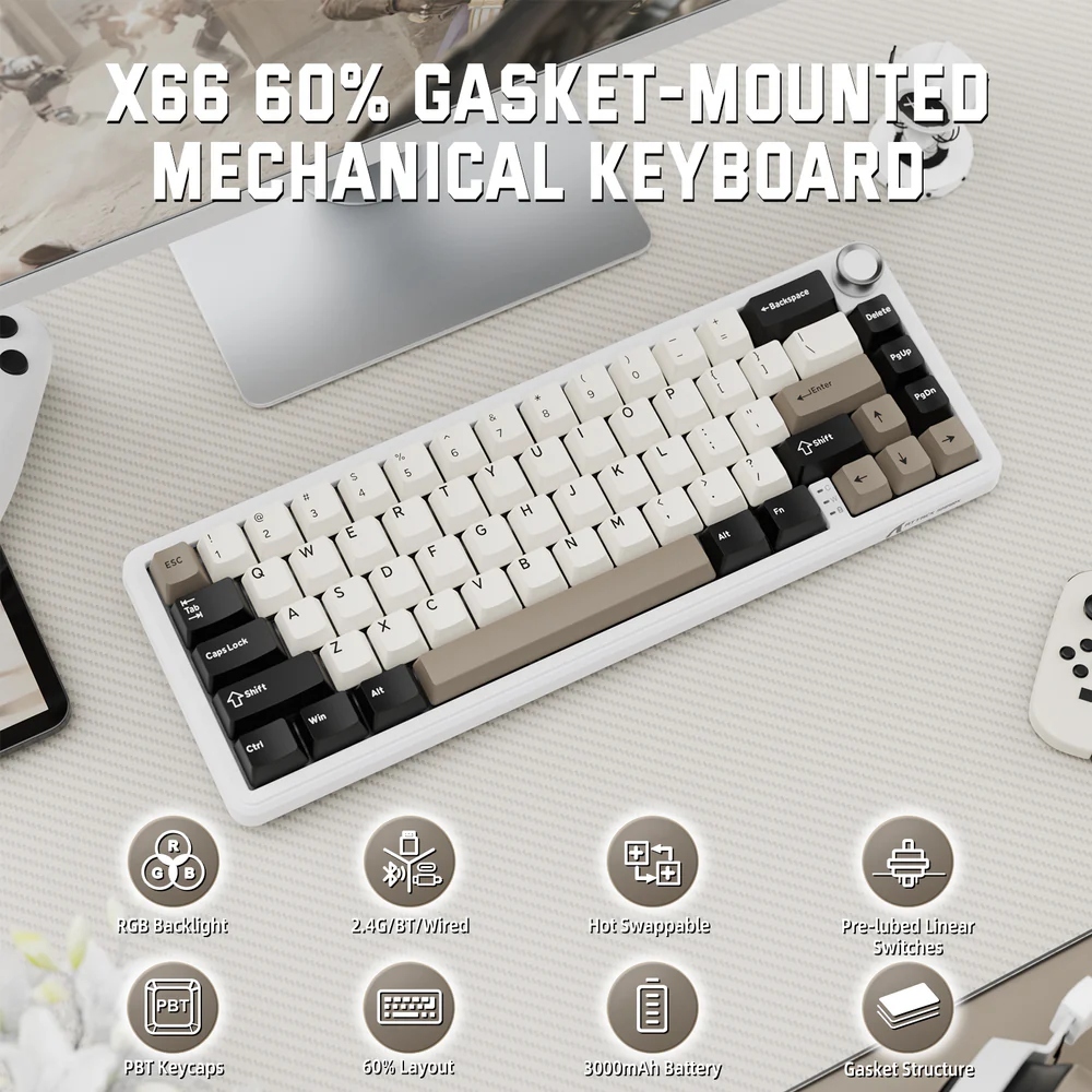 Клавіатура ігрова механічна Attack Shark X66 66кл. RGB, Wireless, Cheese White (X66CW_AS) Білий на малюнкі №10