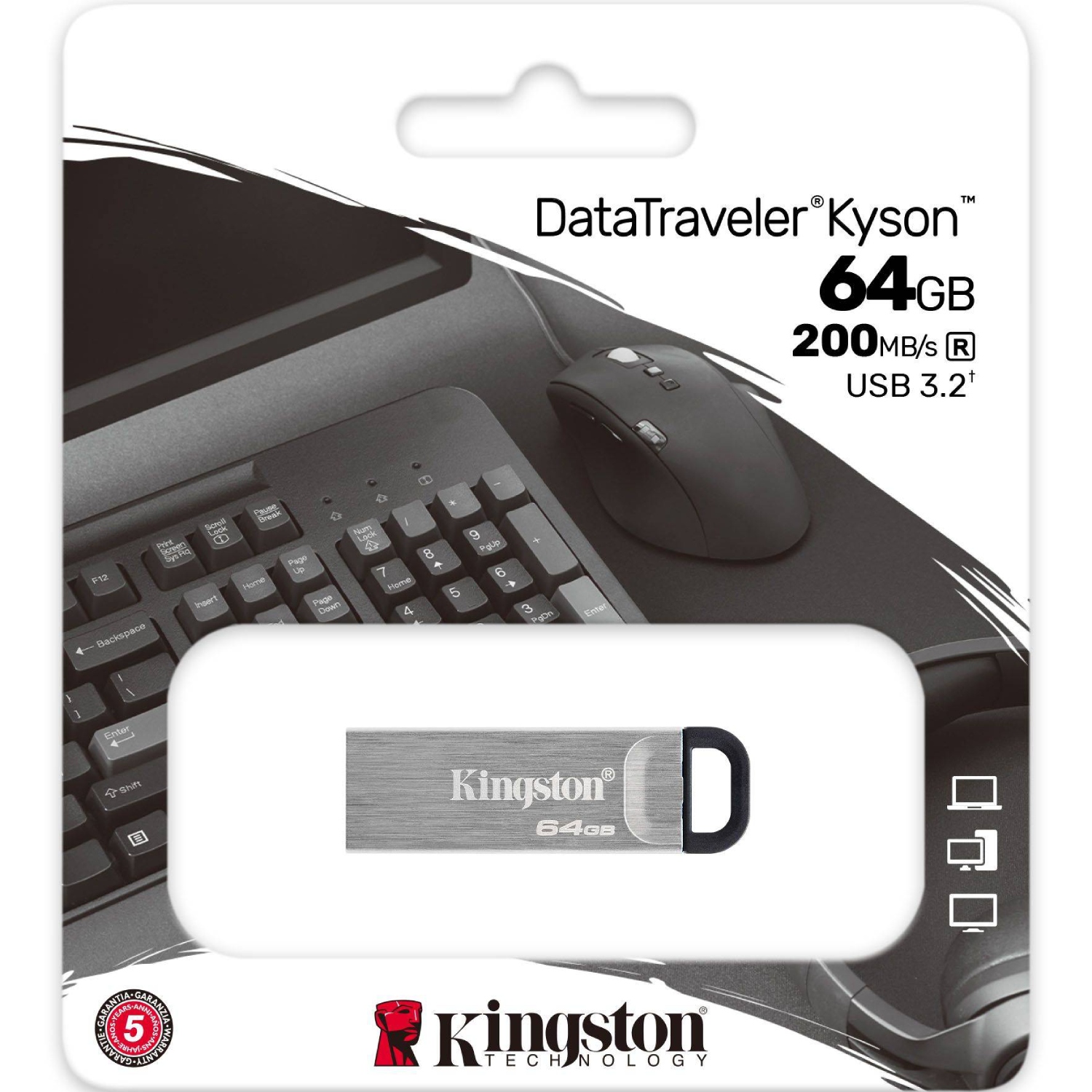 USB Flash Kingston 64GB USB 3.2 Gen 1 DataTraveler Kyson Metal, Retail (DTKN/64GB#) Сріблястий на малюнкі №3