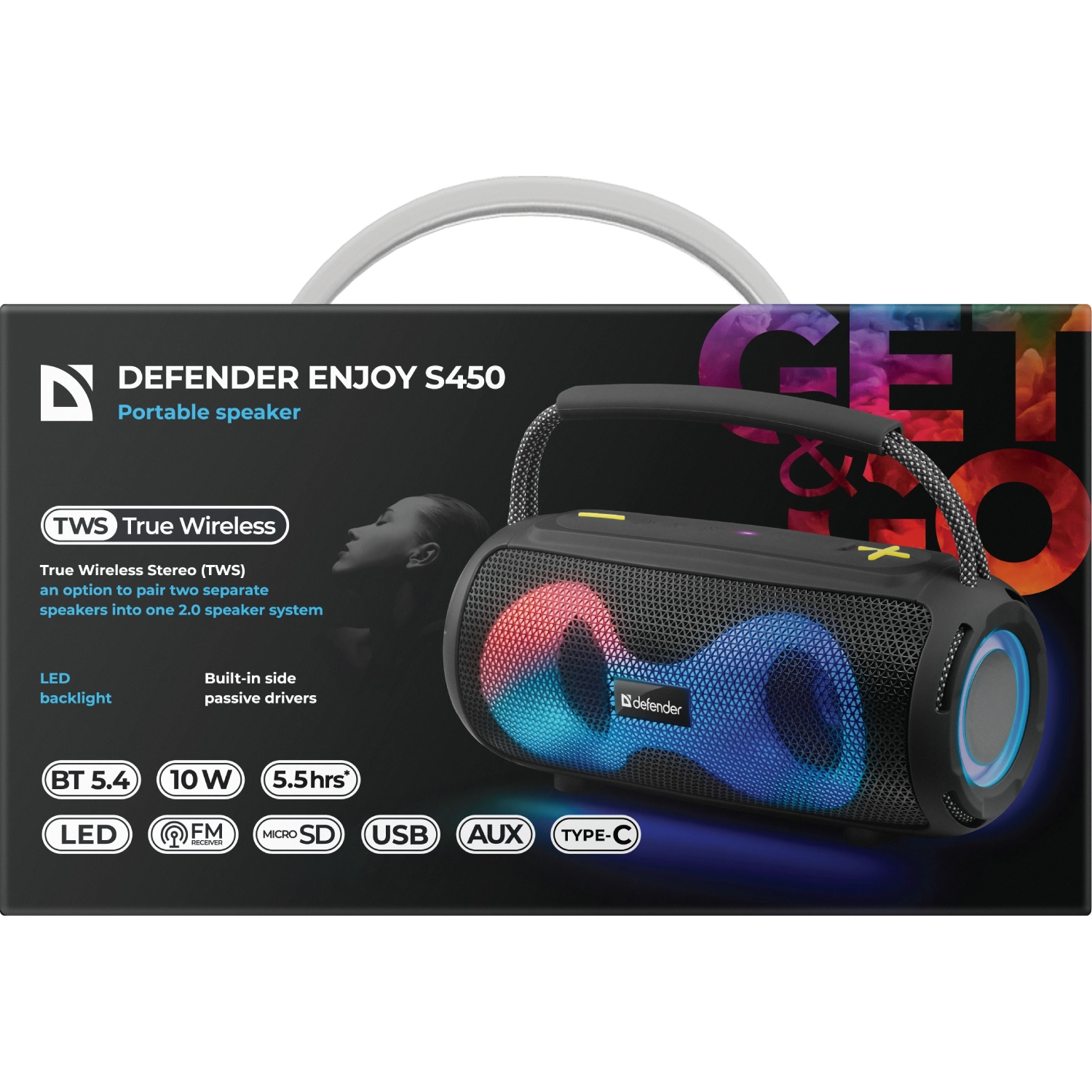Акустична система 1.0 Defender S450, 10Вт RGB/BT/FM/USB/TF/AUX/TWS чорна (65451) на малюнкі №8