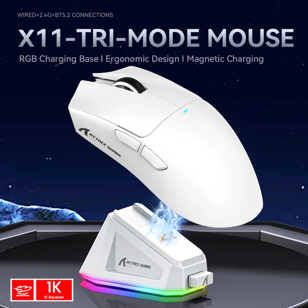 Мишка Attack Shark X11, Wireless/Bluetooth, 22000dpi. (PAW3311), 6кн, White (X11W_AS) Білий на малюнкі №4