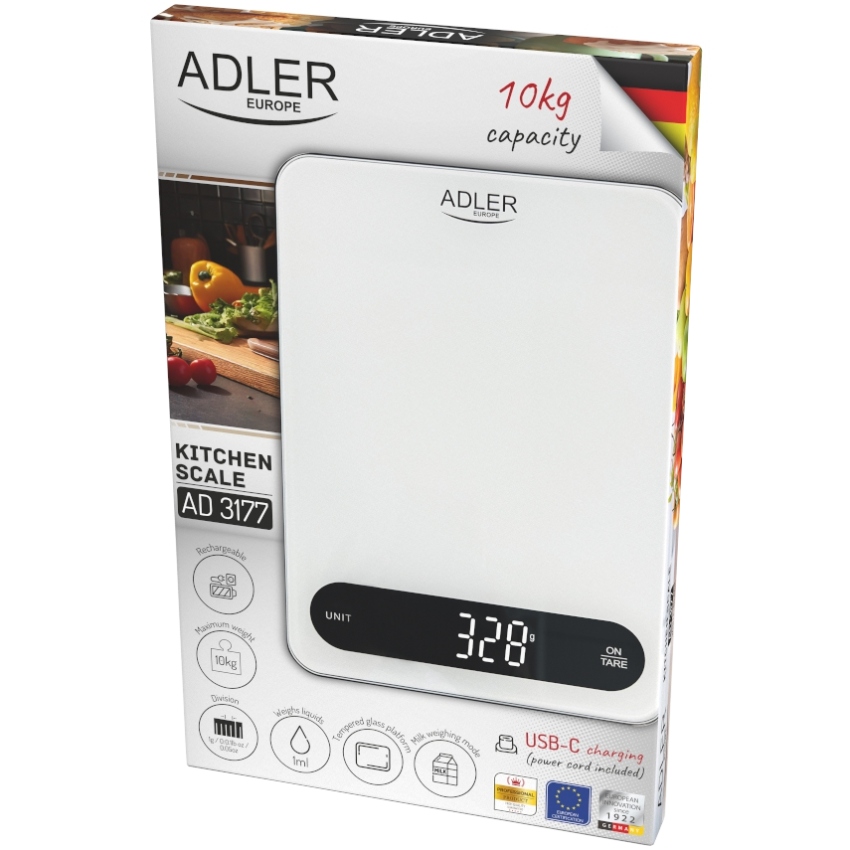 Ваги кухонні Adler AD 3177 white black електронні/ 10кг/ г; мл, унція/ USB type C/ автовимкнення (AD3177WB) Білий на малюнкі №6