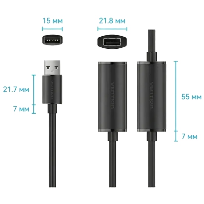 Кабель продовжувач USB 2.0 M/F 30.0м, Nickel-plated, активний, чорний, Vention (CBKBT) Чорний на малюнкі №3