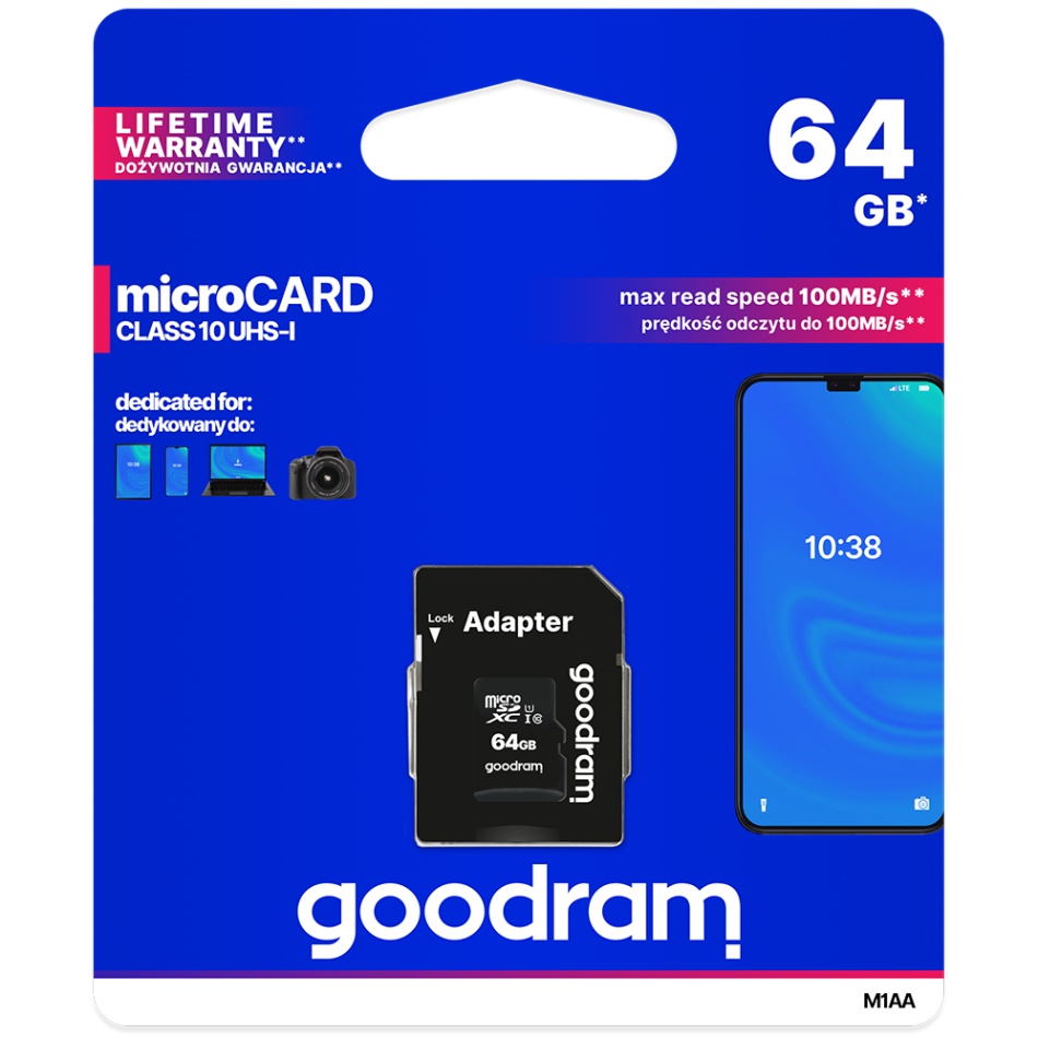 Memory card microSDXC 64Gb GoodRAM (class10) UHS I Retail + Adapter (M1AA-0640R12) на малюнкі №3