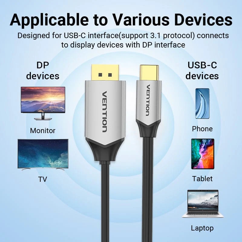Кабель USB 3.1 Type-C M - DisplayPort M, 1.0м v.1.4 4K60Hz Aluminum Alloy чорний Vention (CGZBF) на малюнкі №6