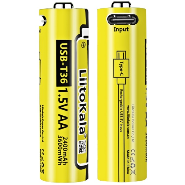 Акумулятор AA 2400 mAh/3600 mWh, 1.5V Li-ion, вбуд зарядне USB (Type-C), LiitoKala (USB-T36 1.5V AA) на малюнкі №1