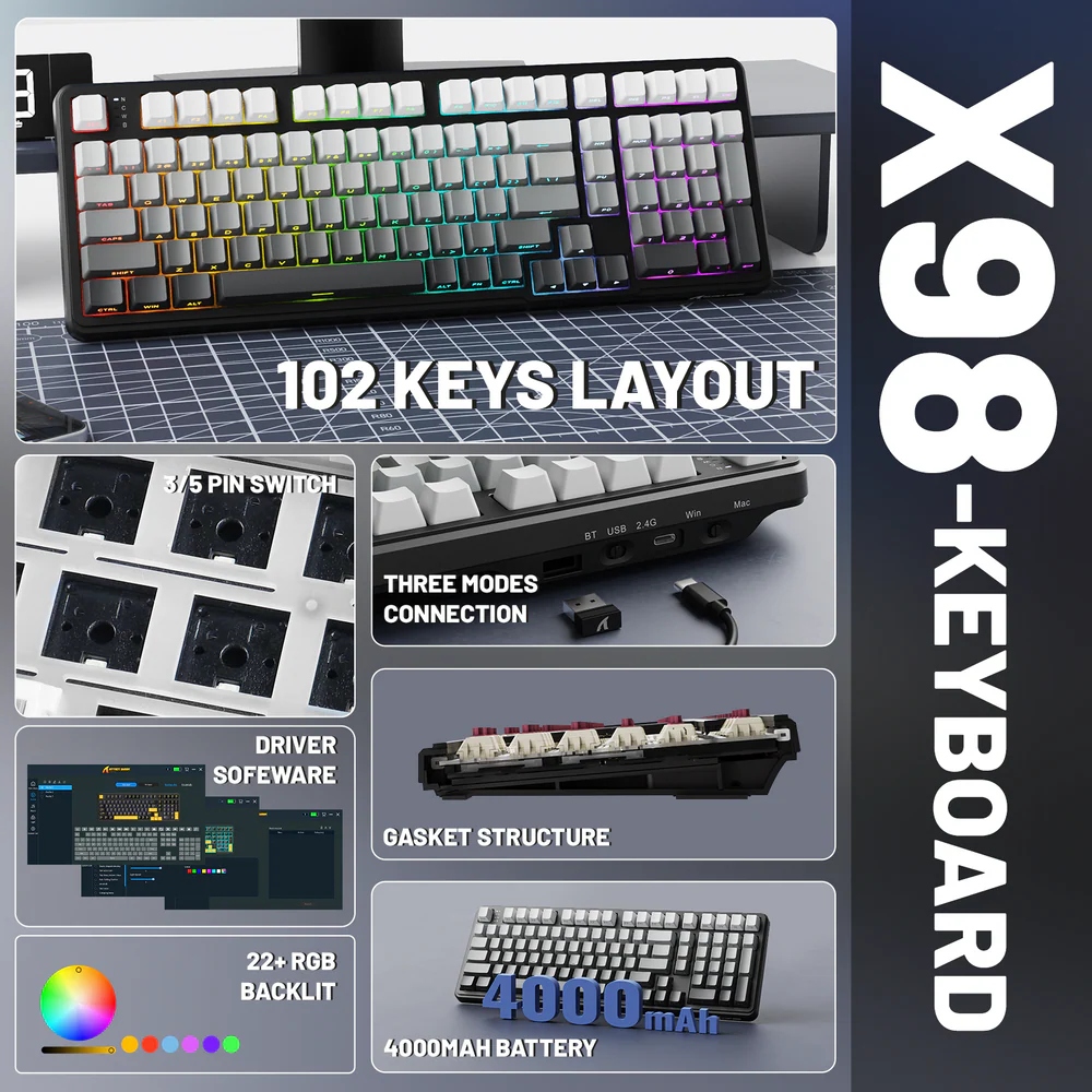 Клавіатура ігрова механічна Attack Shark X98 102кл. RGB, Wireless, Moonlight Night (X98ML_AS) Чорний на малюнкі №9