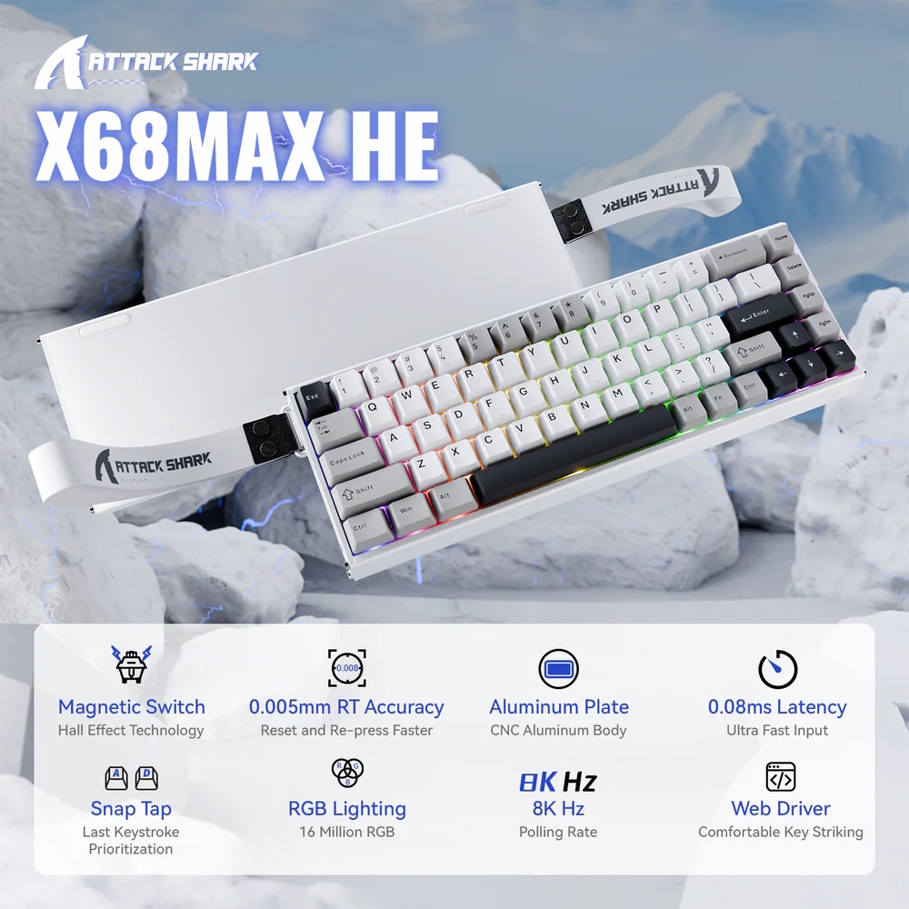 Клавіатура ігрова магнітна Attack Shark X68 Max HE 68кл. RGB, USB-C, Starlight White (X68MAXSW_AS) Білий на малюнкі №4