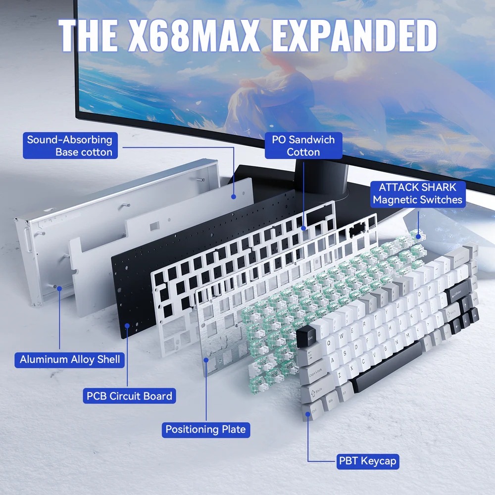 Клавіатура ігрова магнітна Attack Shark X68 Max HE 68кл. RGB, USB-C, Starlight White (X68MAXSW_AS) Білий на малюнкі №10