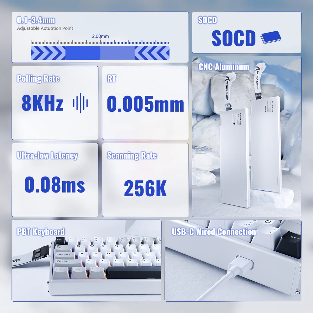 Клавіатура ігрова магнітна Attack Shark X68 Max HE 68кл. RGB, USB-C, Starlight White (X68MAXSW_AS) Білий на малюнкі №11