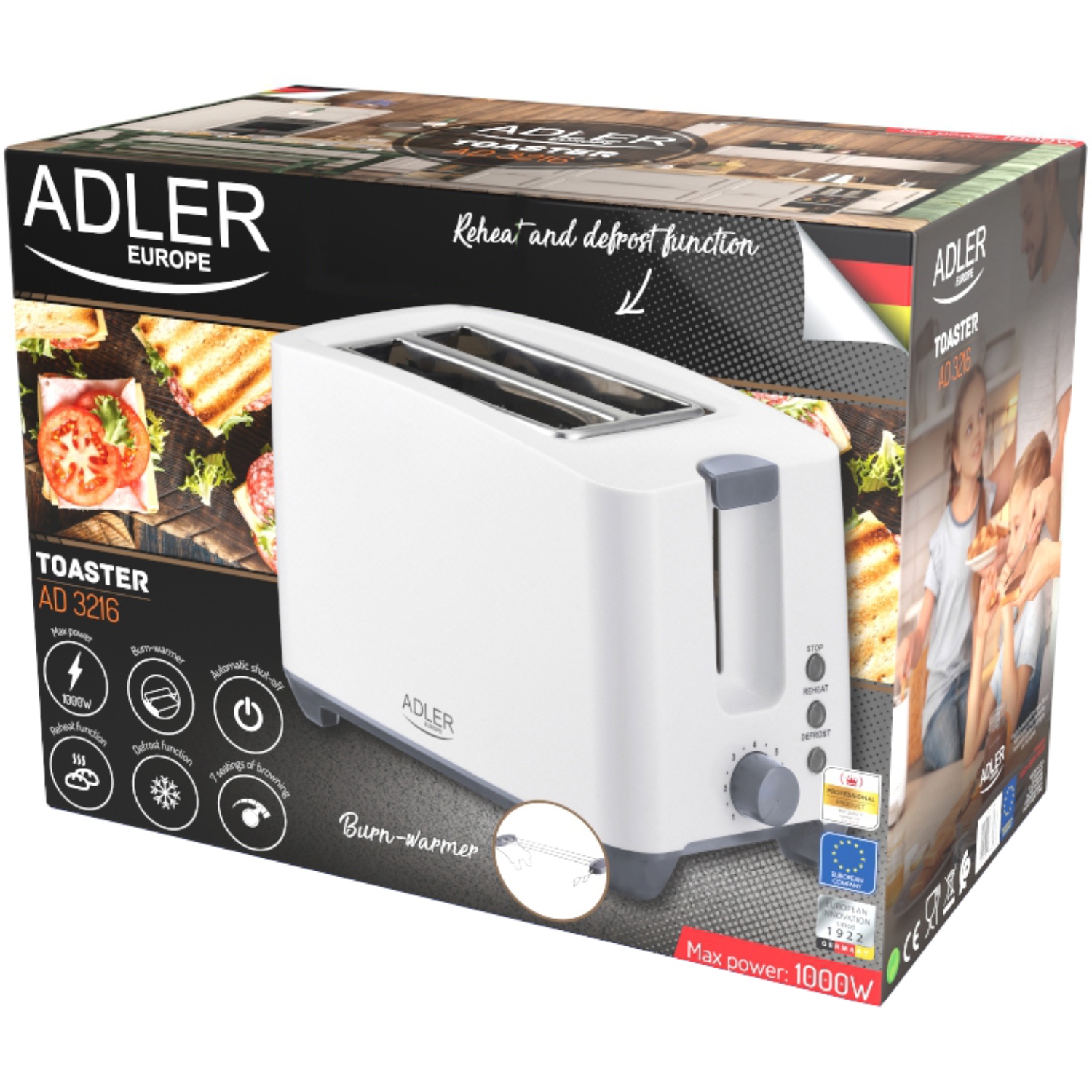 Тостер Adler AD 3216 white 1000Вт/2 відділення/7 режимів підсмажування/розморожування/підігрів булок (AD3216) Білий на малюнкі №5