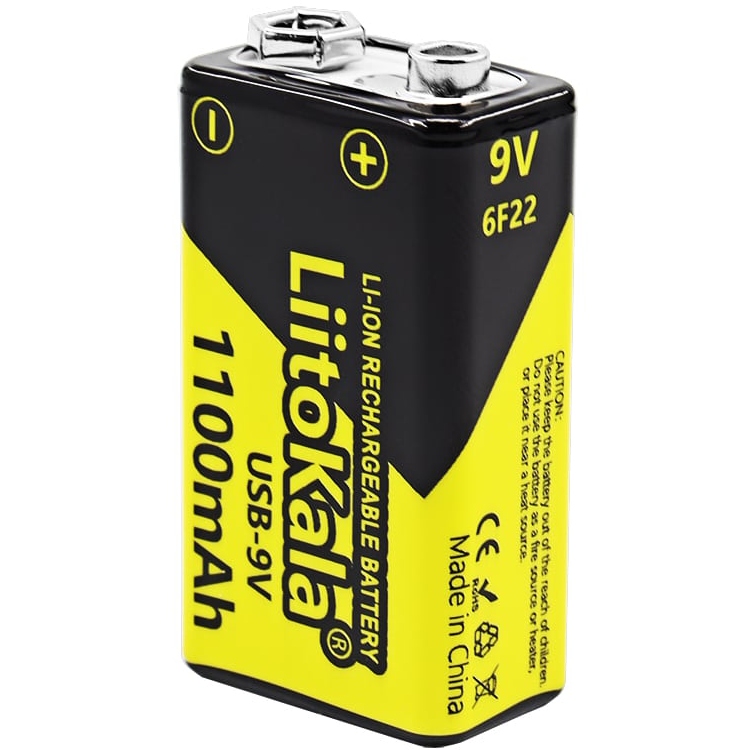 Акумулятор 6F22 LiitoKala, USB-9V,1100 mAh Li-ion USB-9V, вбуд зарядне USB (Type-C), пост. напр 9V (USB-9V) на малюнкі №1