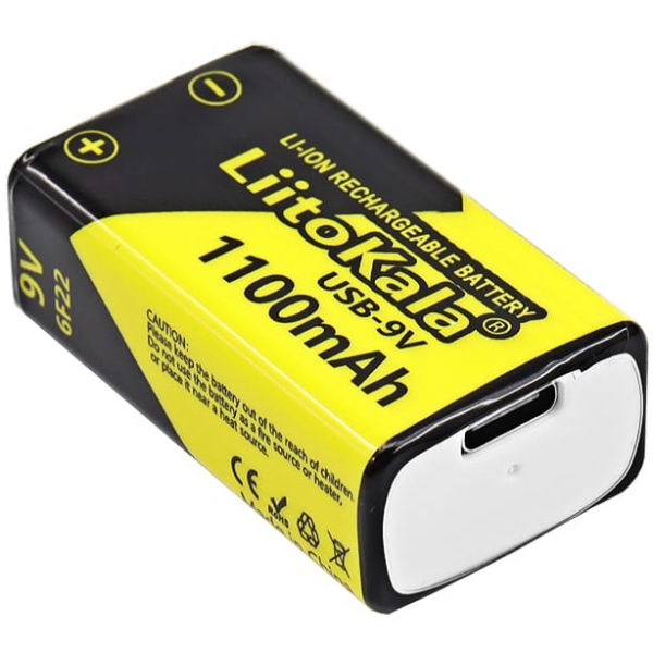 Акумулятор 6F22 LiitoKala, USB-9V,1100 mAh Li-ion USB-9V, вбуд зарядне USB (Type-C), пост. напр 9V (USB-9V) на малюнкі №2