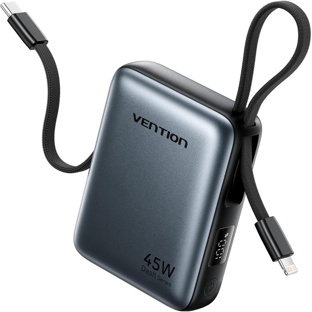 УМБ Vention 10000mAh 45W PD, QC3.0 USB-C In/Out, with Built-in USB-C and Lightning Cables Gray (FKMH0) на малюнкі №1