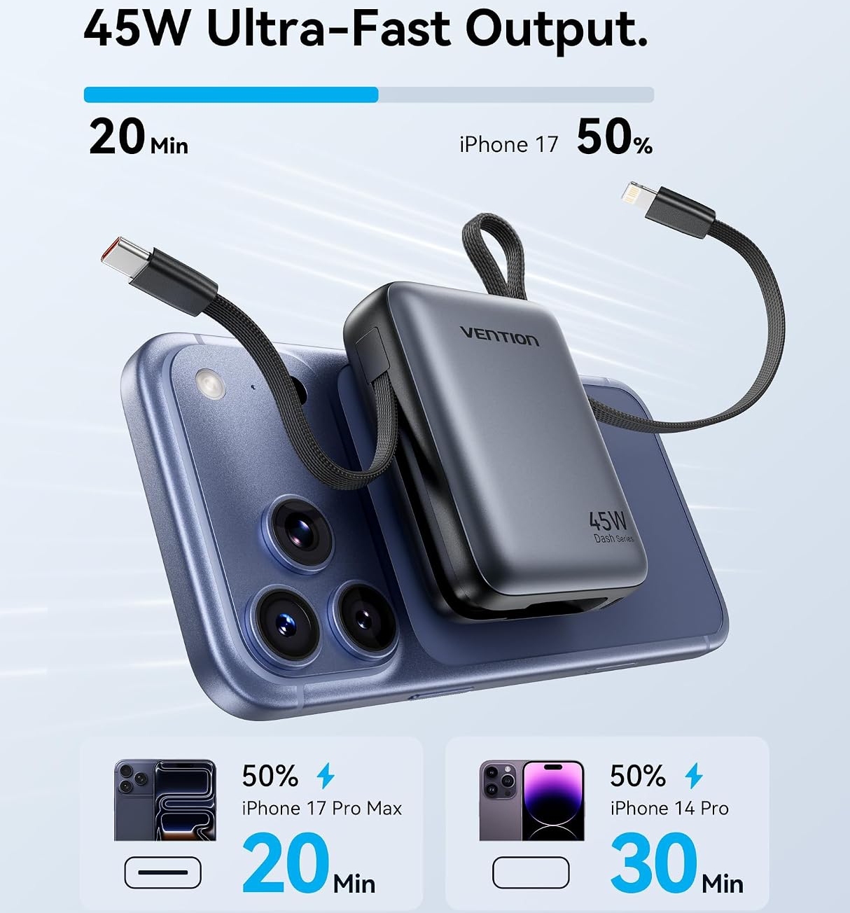 УМБ Vention 10000mAh 45W PD, QC3.0 USB-C In/Out, with Built-in USB-C and Lightning Cables Gray (FKMH0) на малюнкі №3