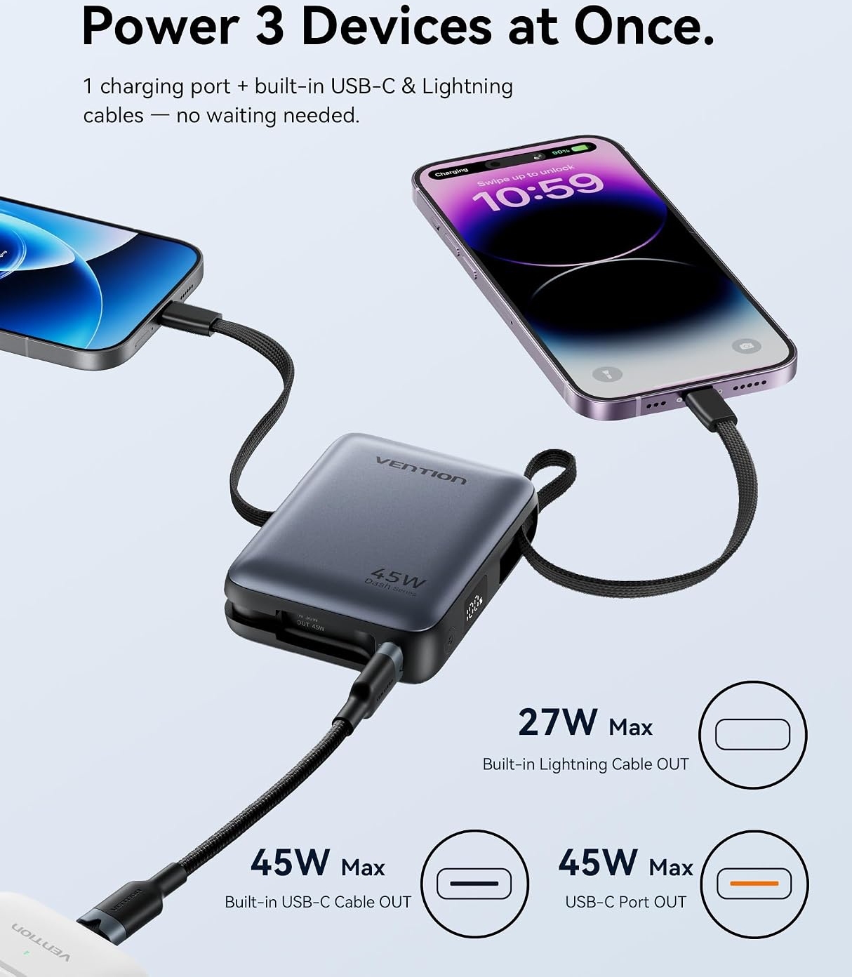 УМБ Vention 10000mAh 45W PD, QC3.0 USB-C In/Out, with Built-in USB-C and Lightning Cables Gray (FKMH0) на малюнкі №5