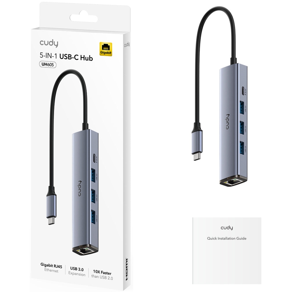 Хаб USB 3.0 Type-C - 3хUSB-A, 1хUSB-C (5 Гбіт/с), 1xGigabit Ethernet port, алюмінієвий корпус, Cudy (UH605) на малюнкі №2