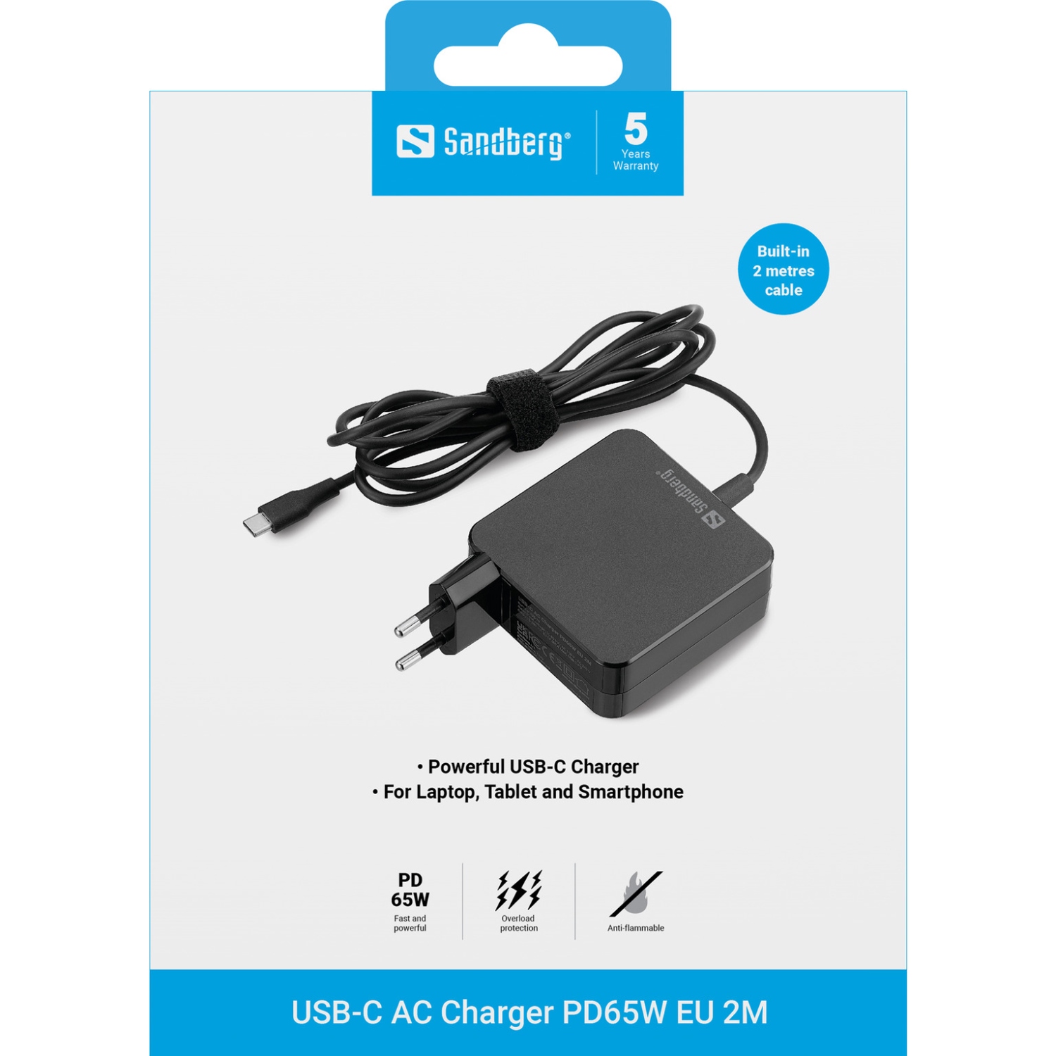 Зарядний пристрій 1xUSB 65W (USB-C) Gan, built in cable 2m, чорний Sandberg (135-79) на малюнкі №2