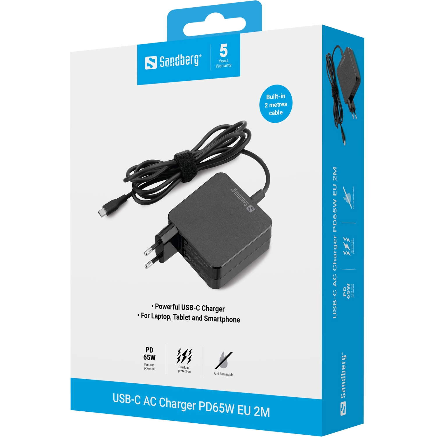 Зарядний пристрій 1xUSB 65W (USB-C) Gan, built in cable 2m, чорний Sandberg (135-79) на малюнкі №3