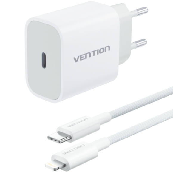Зарядний пристрій 1xUSB-C 20W + USB-C to Lightning cable М-М White Vention (G17W0-EU) на малюнкі №1