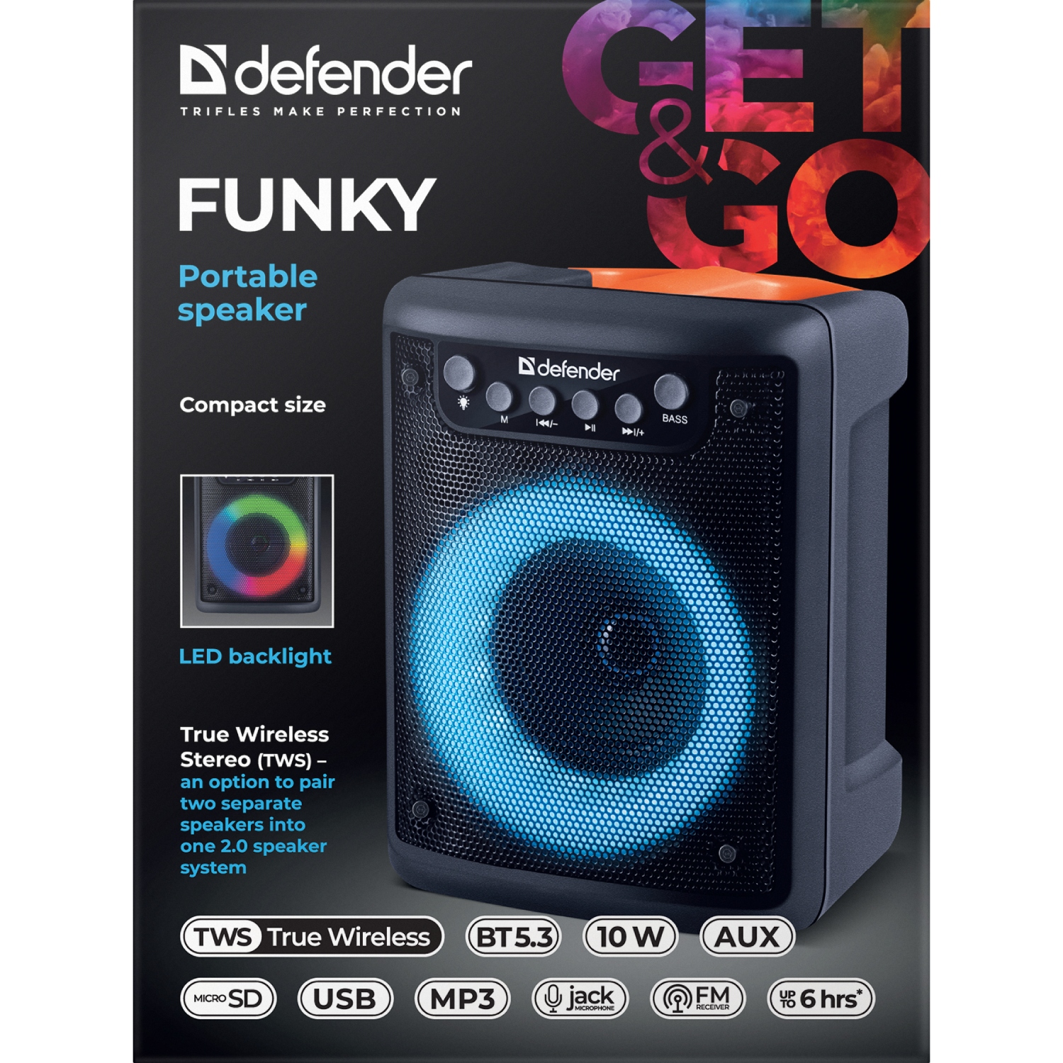 Акустична система 1.0 Defender Funky 10Вт, Light/BT/FM/USB/MIC/AUX (65053) Чорний на малюнкі №6