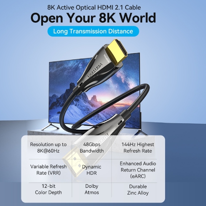 Кабель HDMI M - M, 10.0м, V2.1, Optical 8K 60Гц 48Gbps Dolby 7.1 TPE Black Zinc Alloy Vention (ALBBL) на малюнкі №5