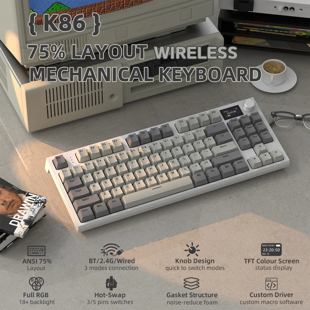 Клавіатура ігрова механічна Attack Shark K86 87кл.RGB,Wireless, Business Gray (K86BG_AS) Сірий на малюнкі №2