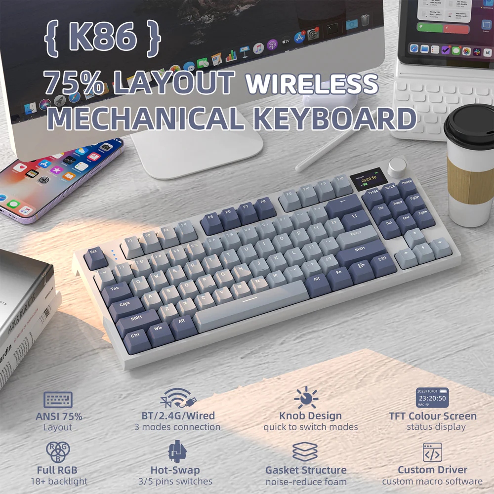 Клавіатура ігрова механічна Attack Shark K86 87кл.RGB,Wireless, Blue Whale перемикачі,Moonlit Night (K86MN_AS) Сірий на малюнкі №2