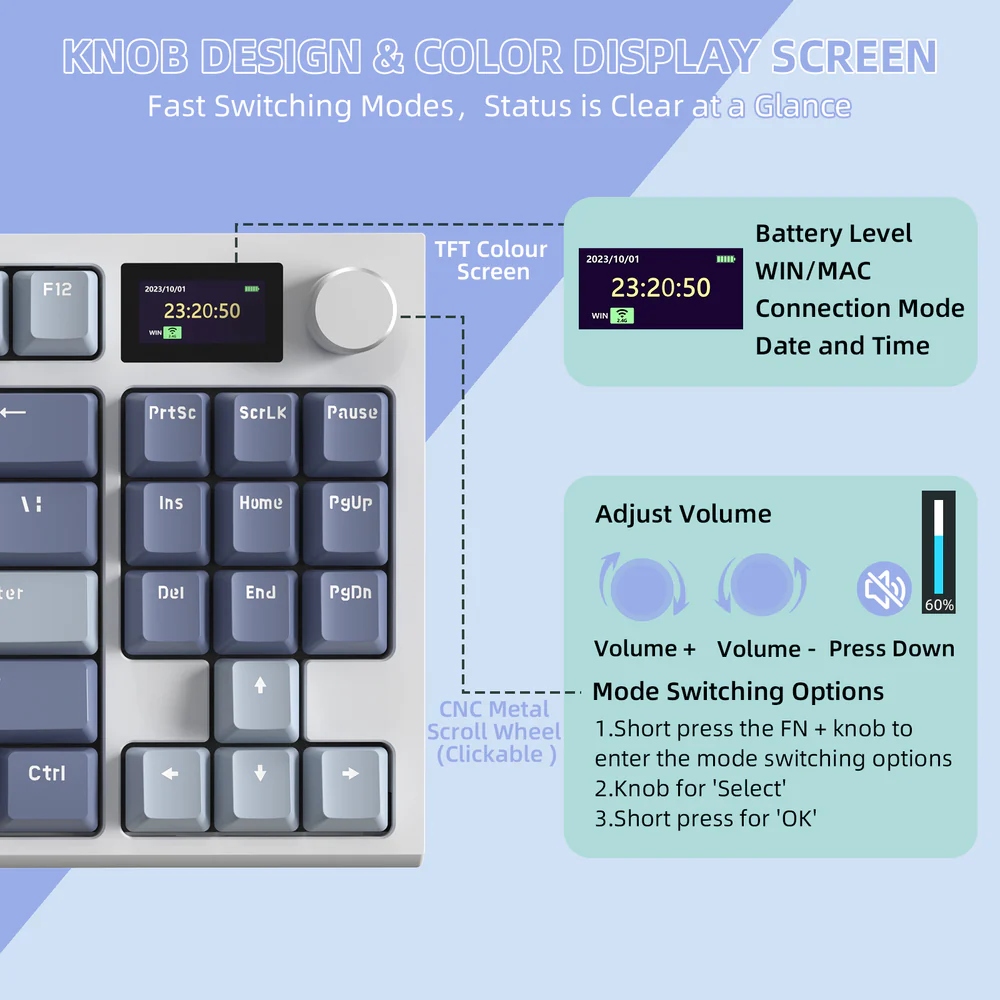 Клавіатура ігрова механічна Attack Shark K86 87кл.RGB,Wireless, Blue Whale перемикачі,Moonlit Night (K86MN_AS) Сірий на малюнкі №3