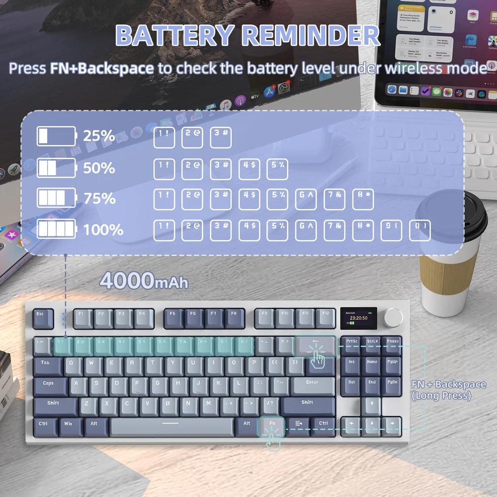 Клавіатура ігрова механічна Attack Shark K86 87кл.RGB,Wireless, Blue Whale перемикачі,Moonlit Night (K86MN_AS) Сірий на малюнкі №8