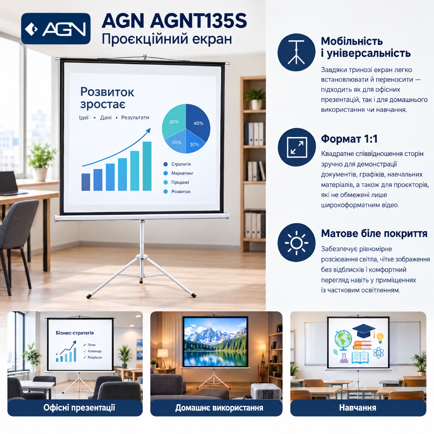 Проєкційний екран AGN (135 на тринозі 1:1 Matte White) (AGNT135S) на малюнкі №3