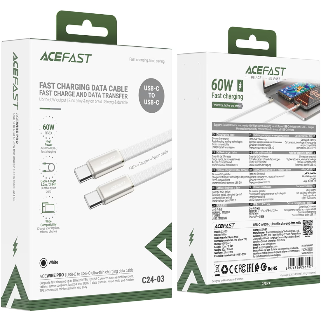 Кабель USB 2.0 Type-C M-M, 1.2 м, 60W ultra-thin White, C24-03 Acefast (6974316286257) Білий на малюнкі №4