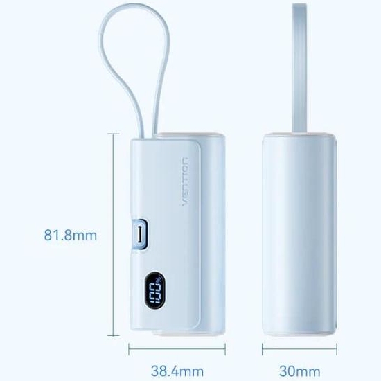 УМБ Vention 4800mAh 22,5W PD, USB-C In/Out, LED display, with built-in USB-C cable Blue (FHRL0) на малюнкі №2
