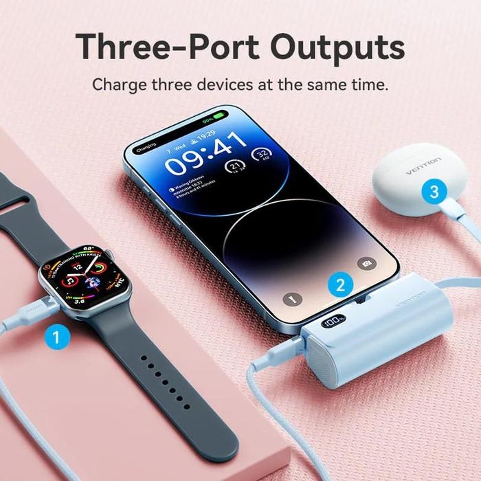УМБ Vention 4800mAh 22,5W PD, USB-C In/Out, LED display, with built-in USB-C cable Blue (FHRL0) на малюнкі №3