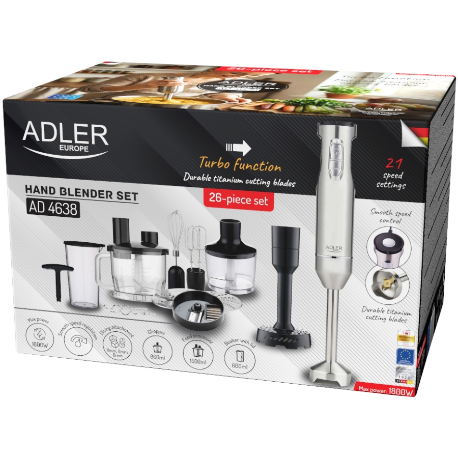 Блендер Adler AD 4638 grey ручний/ 1800Вт/ 21 швидк./ TURBO/ чаші 600мл і 1500мл/ насадка для пюре (AD4638) на малюнкі №11