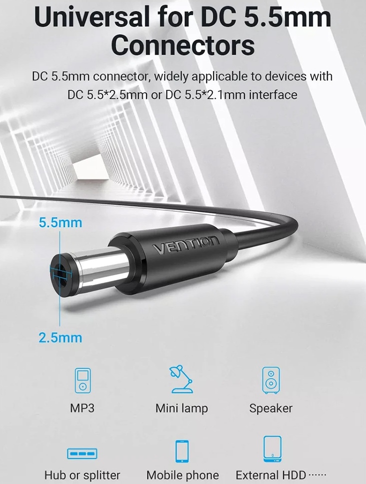 Кабель живлення USB AM - 5.5mm DC Power PVC 5V 3A, Black 1.5м Vention (CEYBG) на малюнкі №7
