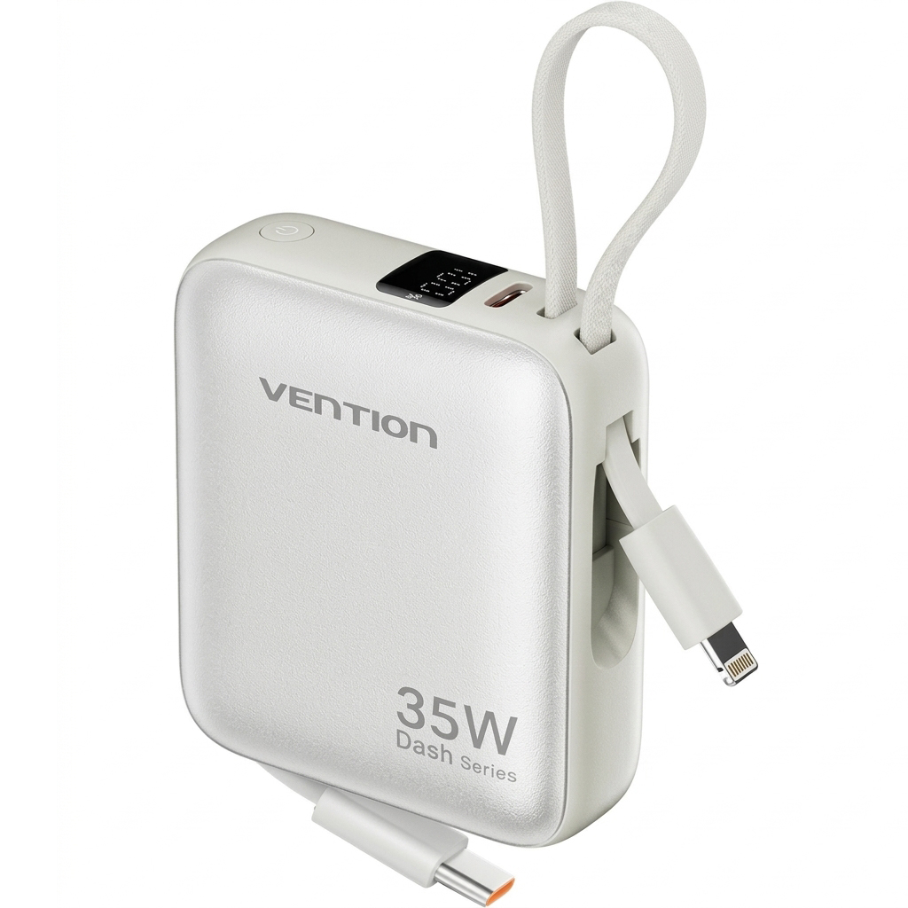УМБ Vention 10000mAh 35W PD, USB-C In/Out, built-in USB-C, Lightning Cables, LED Display, Beige (FHFN0) на малюнкі №1