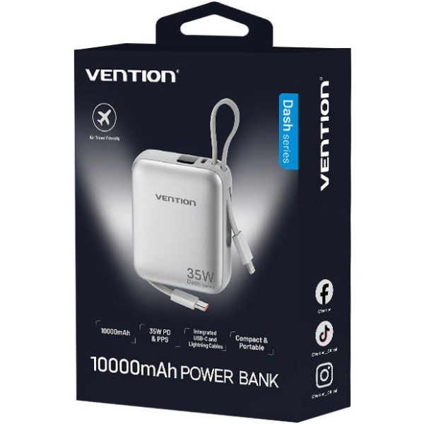 УМБ Vention 10000mAh 35W PD, USB-C In/Out, built-in USB-C, Lightning Cables, LED Display, Beige (FHFN0) на малюнкі №2