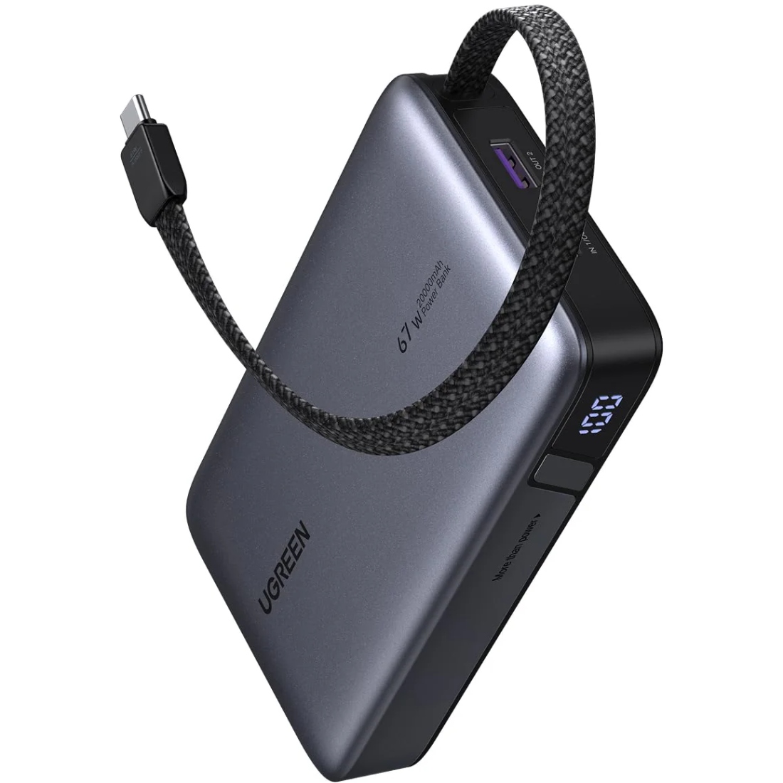 УМБ Ugreen 20000mAh PB550 67W USB-A, USB-C In/Out, with built-in USB-C cable Grey (55996B) на малюнкі №1