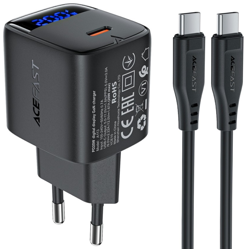 Зарядний пристрій 1xUSB-C 20W Gan A113 Fast Charger + USB-C cable with digital display black Acefast (6974316284420) на малюнкі №2