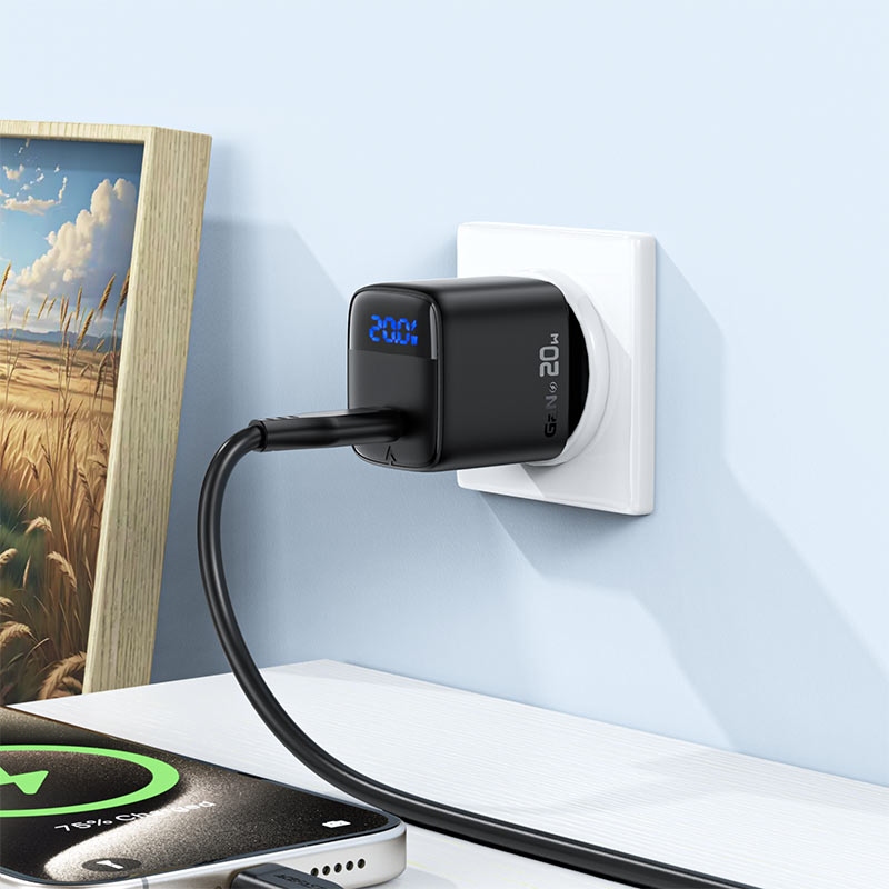 Зарядний пристрій 1xUSB-C 20W Gan A113 Fast Charger + USB-C cable with digital display black Acefast (6974316284420) на малюнкі №6